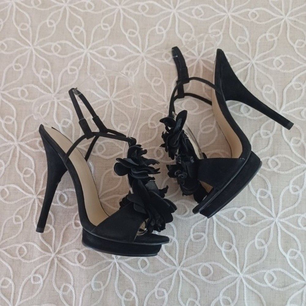 Colin Stuart Black Slingback Suede Flower Heels Sandals